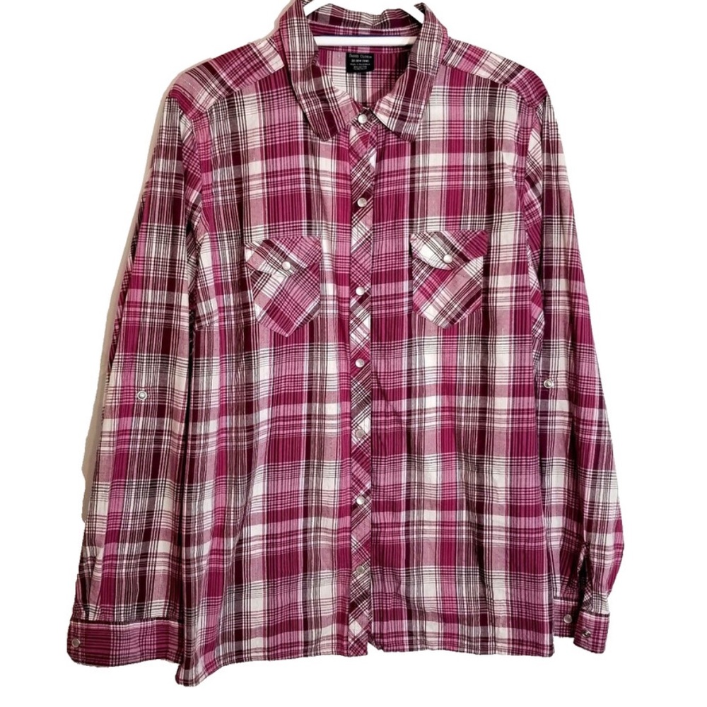 •FADED GLORY•PINK/PURPLE/MAROON PLAID BUTTON UP BLOUSE W/CONVERTIBLE SLEEVES 3X